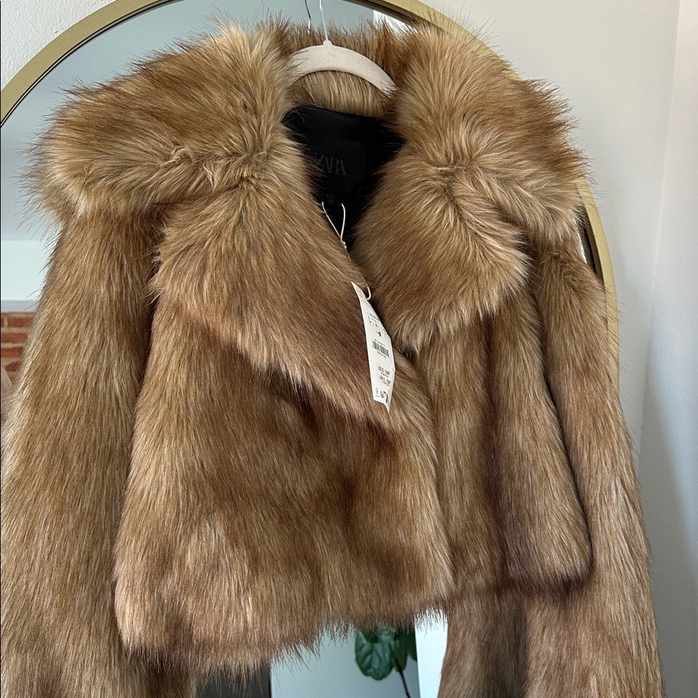 ZW COLLECTION FAUX FUR CROPPED JACKET LARGE BROWN BEIGE COAT 3945/243 TAN - Picture 8 of 9